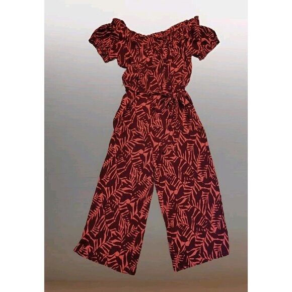 Old Navy Pants - Old Navy Burgundy Tropical Leaf Off Shoulder Capri Jumpsuit Pockets Sz 2X